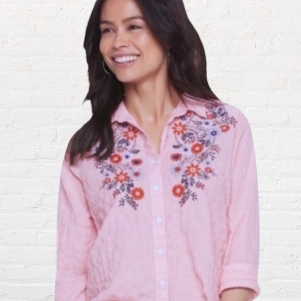 Sonoma Womens Size Small Button Front Blouse Colorful‎ Embroidered Flowers Top
